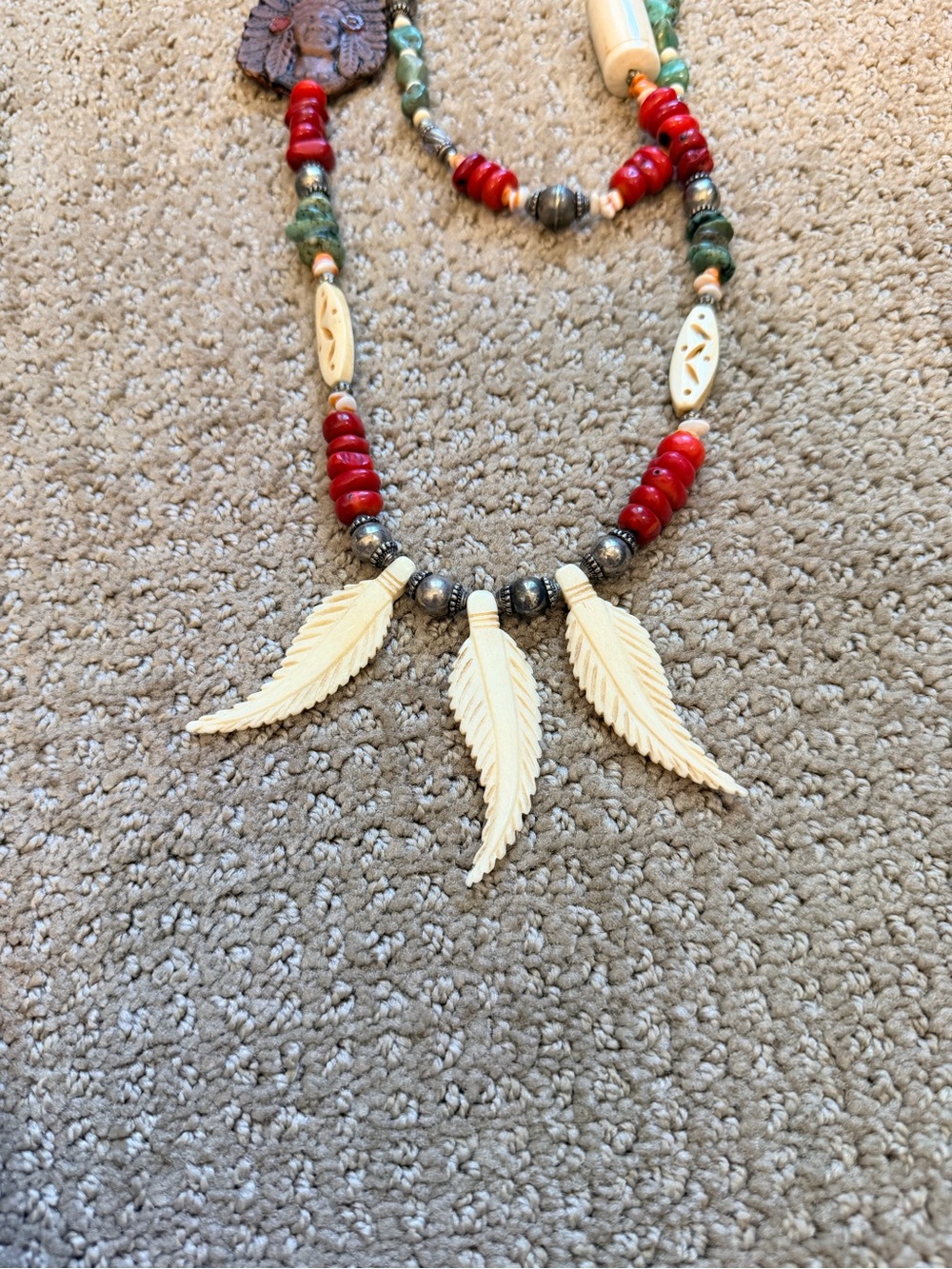Carved Bone & Leather Chief Necklace w Heish Turquoise, Coral, Spiney Oyster - Picture 10 of 11